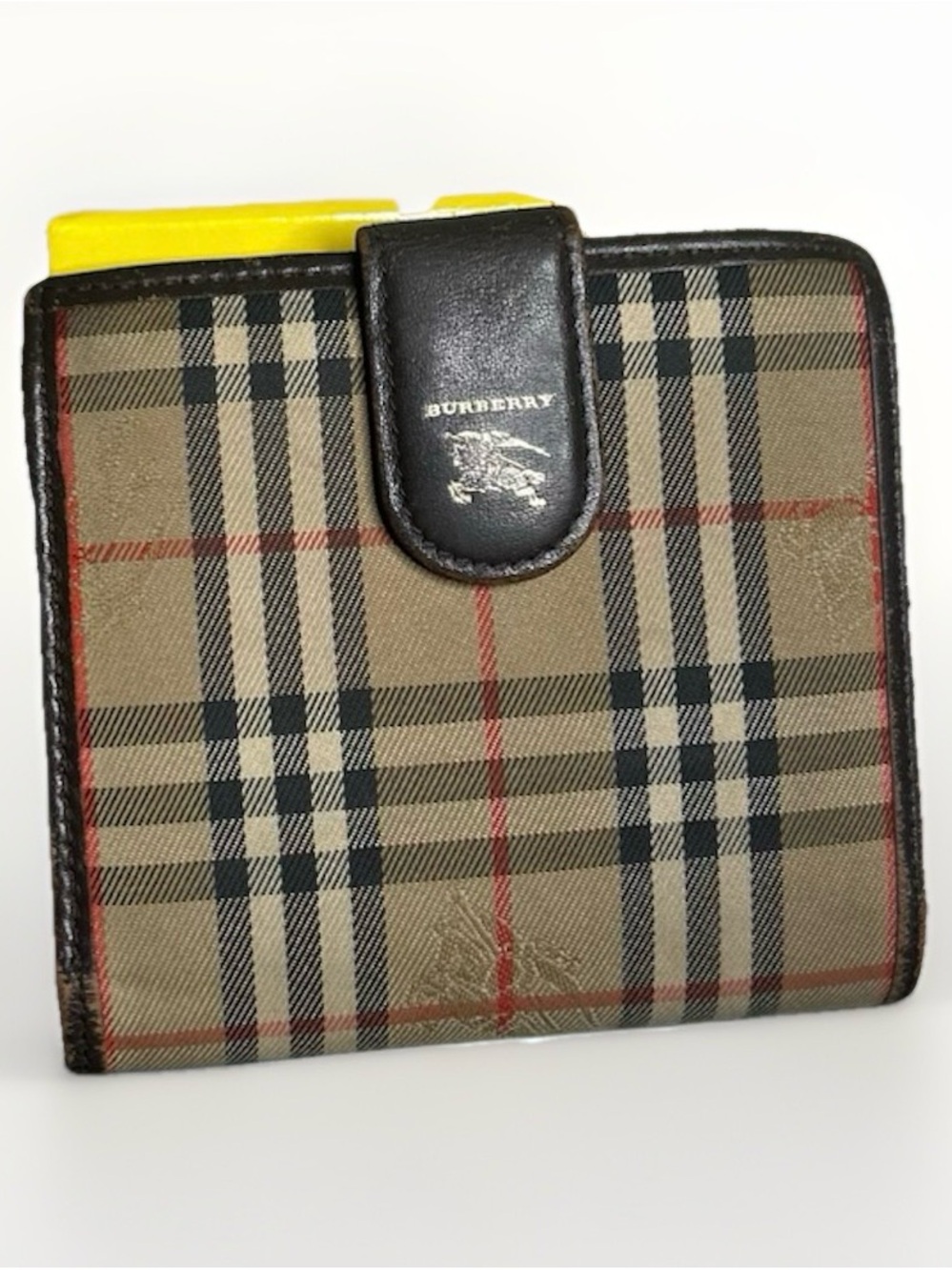 Burberry Tan Plaid Snap Wallet with Black Leather Tab and Red Accents
